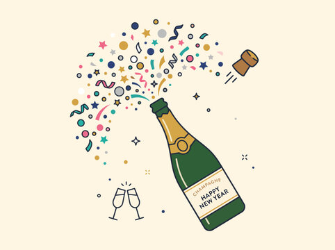 Popping champagne bottle with flying cork and colorful festive party confetti for happy new year holiday celebration toast wine drink event joy cheer vector ico