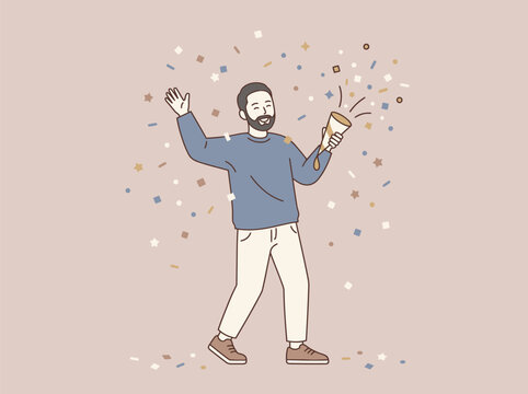 A joyful man with a beard celebrates by popping a confetti cannon, creating a festive atmosphere with colorful paper bits flying around him in a cheerful, light