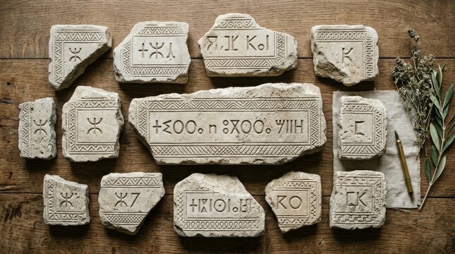 Ancient carved stone fragments with inscriptions arranged on a rustic wooden surface with rough hewn