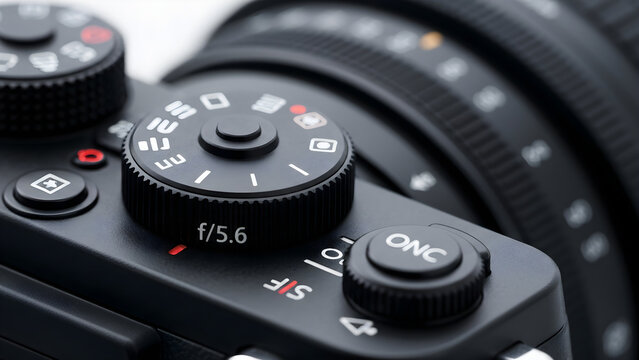 Close up of a modern professional mirrorless digital camera body highlighting dials, buttons, and settings for photography and video creation