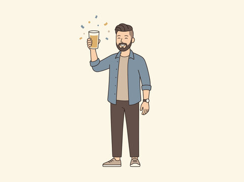A cheerful bearded man standing and holding a glass of beer in a celebratory gesture, depicted in a stylish flat vector illustration style for casual lifestyle