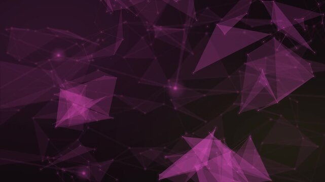 Translucent magenta and pink angular forms float and rearrange against a deep plum field, producing an energetic abstract backdrop for music, fashion, events, and digital content.