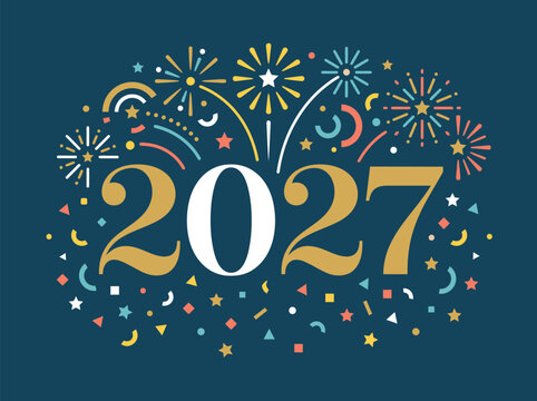 Happy new year 2027 festive celebration typography with colorful fireworks sparks stars confetti party event holiday greeting card design vector graphic.