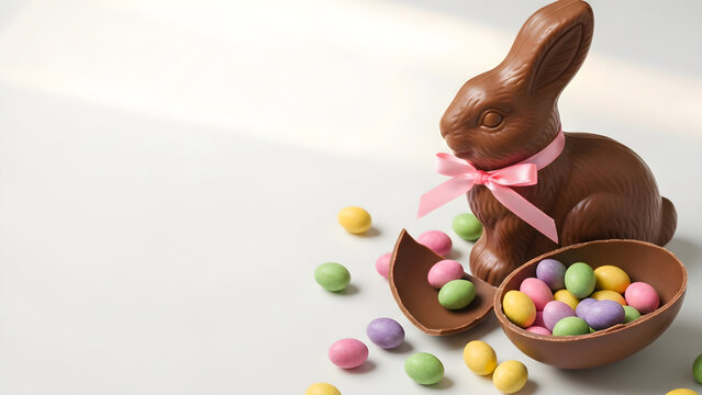 Chocolate Easter Bunny With Pink Ribbon and Colorful Candy Eggs for Spring Holiday Celebration