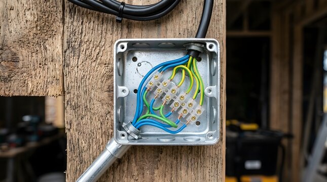 Metal Junction Box with Connected Electrical Wires Mounted on Wooden Beam
