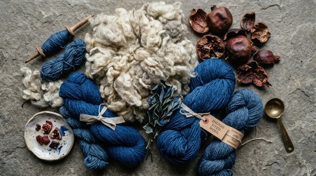 Natural dyed wool and plant materials arranged on rustic surface for textile crafting with dyed yarn