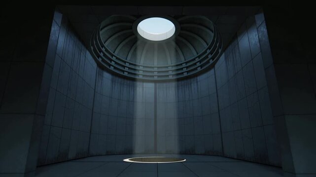 Falling from skylight, vapor vortex forming, swirling, calming inside round shaft with ring