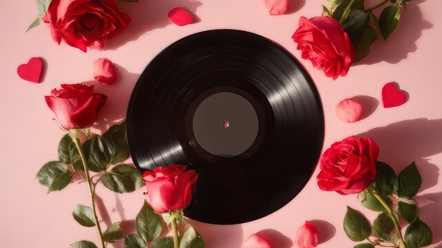 Vintage vinyl record surrounded by red roses on pink background, romantic music flat lay composition, love song concept