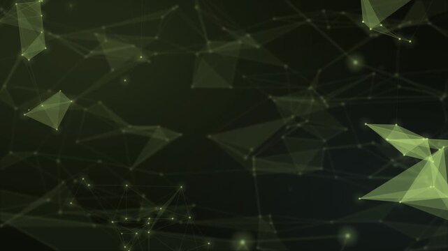 Animated emerald lines, glowing nodes, and translucent facets drift across a deep backdrop, creating a futuristic digital texture for presentations, websites, and motion graphics.