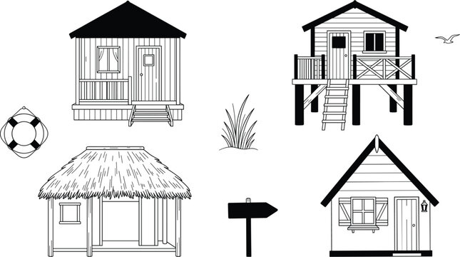 Beach House and Tropical Hut Vector Icon Set Featuring Coastal Cabanas Wooden Stilt Shacks Lifesaver Ring Signpost and Seaside Architecture Graphic Elements