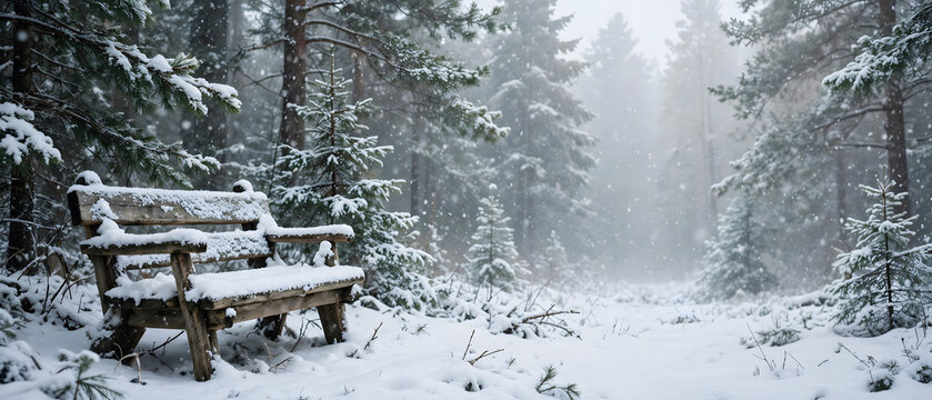Bring festive charm to your project with snowy wooden bench in winter forest on this charming winter panorama. Ideal for website headers social media banners and greeting cards.