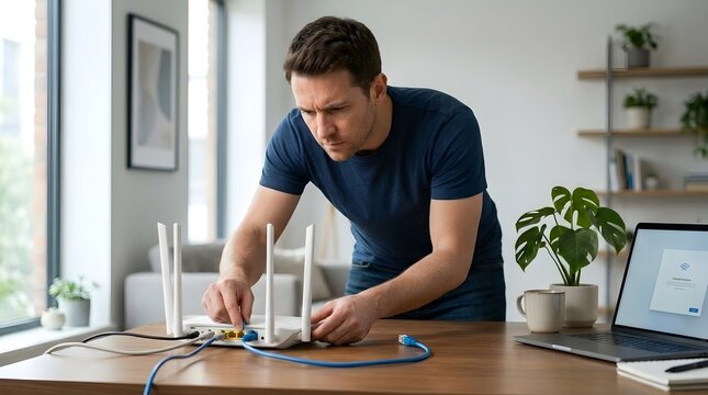 Man Setting Up Wi-Fi Router at Home Desk with Laptop