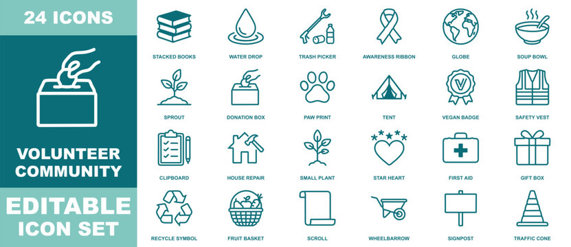Volunteer community editable icon set featuring twenty-four teal outlined symbols describing charity and social work