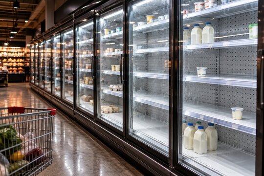 Half empty supermarket refrigerators with dairy shortage, milk bottles, and shopping cart. Food crisis, supply chain disruption, economic inflation, and retail product deficit.