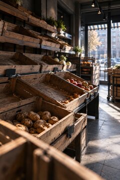 Almost empty wooden shelves and crates in grocery store during food shortage crisis. Empty supermarket racks, supply chain disruption, food security, and inflation.