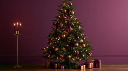 Fototapeta premium Decorated Christmas tree with glowing lights, pink and gold ornaments, ribbons, candleholder, wrapped presents, and deep plum wall in festive interior scene