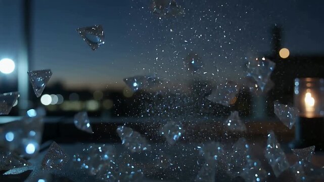 Cracking faceted crystal sphere bursting into shards above tabletop on rooftop terrace, near candle