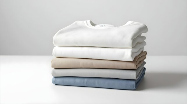 Neatly folded stack of basic cotton t-shirts in white beige grey and blue colors on clean white background