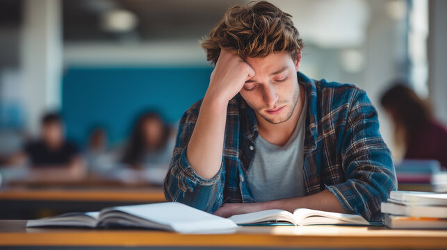 Exhausted male college student studying with open books at a classroom desk, conveying academic pressure, stress, fatigue and burnout during exam preparation.