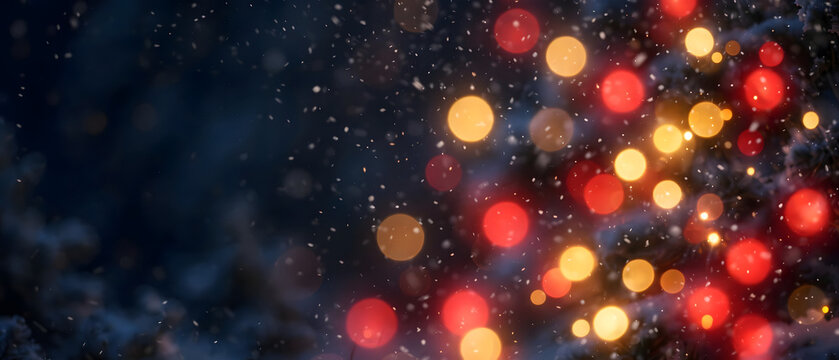 Celebrate the season with red and gold light orb bokeh with falling snow in this elegant panoramic winter banner. Suited for digital campaigns seasonal announcements and online shops.