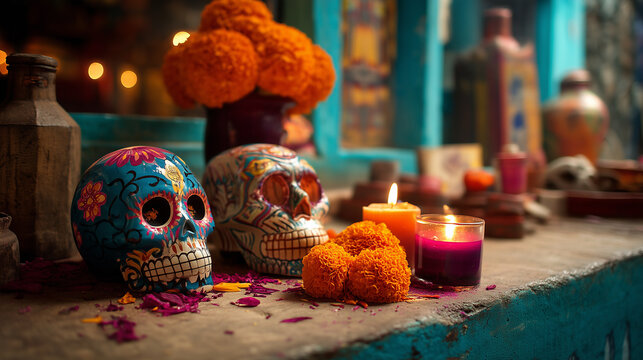 Colorful D&iacute;a de los Muertos altar decorated with painted sugar skulls, marigold flowers, candles and traditional objects, celebrating Mexican culture, remembrance and heritage.