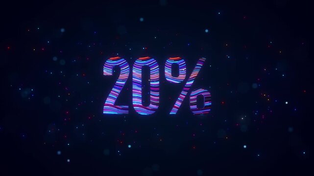 3D animation of futuristic 20 percent typography featuring rotating colorful blue and purple flowing lines, glowing particles, luminous bokeh, and vibrant digital energy against dark background.
