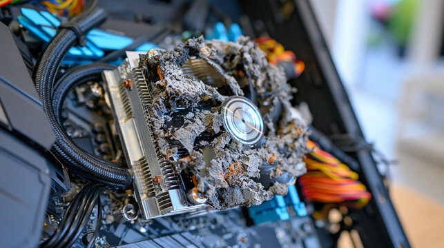 Close-up of a heavily dusty CPU cooling fan and aluminum heatsink inside a desktop computer case, clogged cooling fins and accumulated dust clearly visible, motherboard and power cables in backgroun