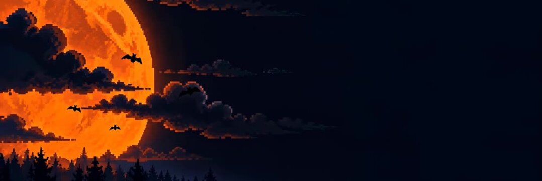 Pixel art orange full moon with flying bats over dark forest, Halloween website banner with copy space