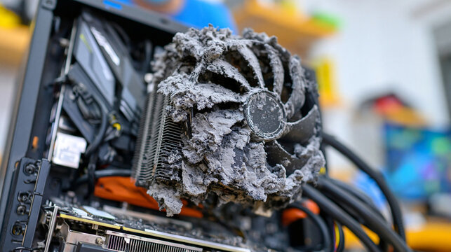 Dust-covered computer cooling fan and heatsink inside an open desktop PC case, thick layers of gray dust accumulated on fan blades and cooling fins, detailed internal components and cables visible, 