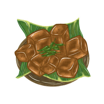 Hand drawn Indonesian traditional snack Tahu Sumedang fried tofu on banana leaf illustration