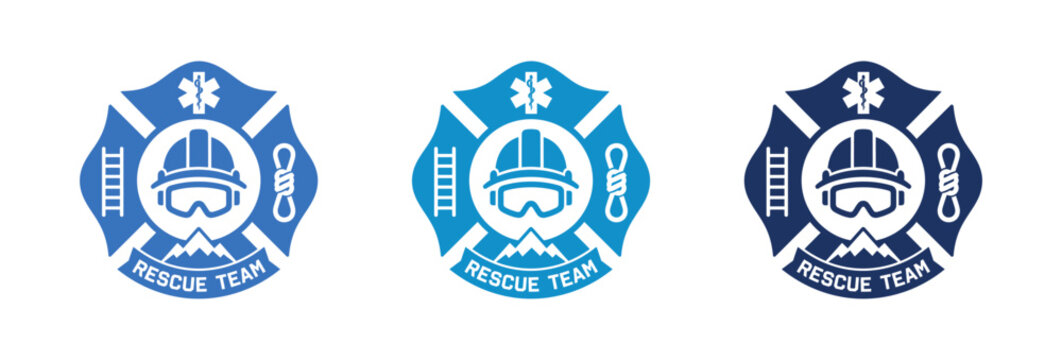 Mountain Rescue Team Badge Set with Helmet and Climbing Gear Icons.