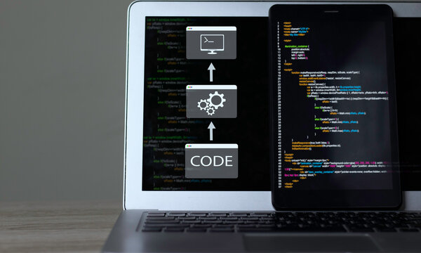 Software development pipeline and code compilation workflow with laptop screen displaying source code, build process gears, and terminal interface.