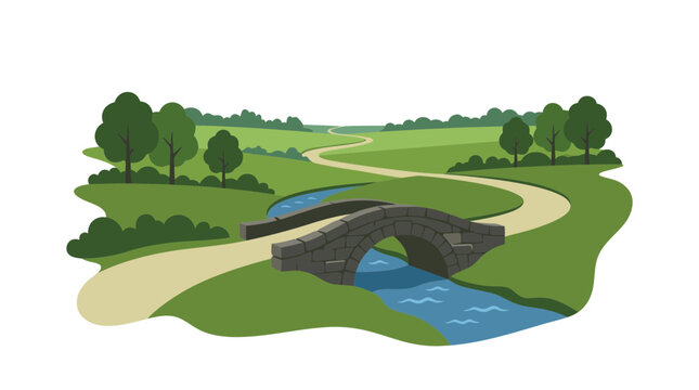 Cartoon landscape illustration with a stone bridge over a river