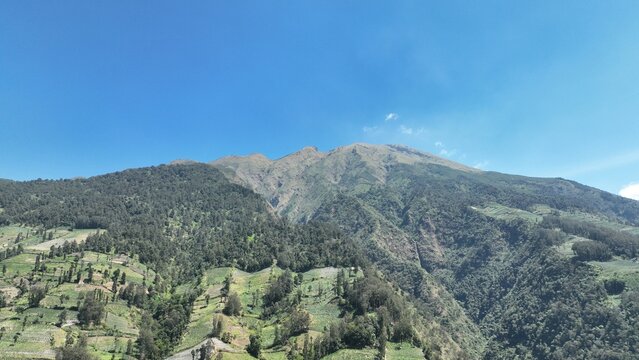 Aerial view of KEMA MERBABU Glamour Camping nestled on the lush green slopes of Mount Merbabu with terraced fields under a clear blue sky in Kecamatan Ampel, Jawa Tengah, Indonesia.