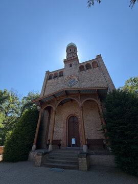 St. Peter and Paul Church, Wannsee &mdash; Romanesque Revival brick tower with rose window