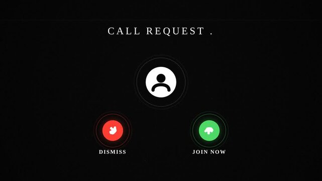 Minimalist digital interface with glowing incoming call request buttons, user avatar icon, and red dismiss and green join options, concept for online meeting connection, ideal for UI/UX design