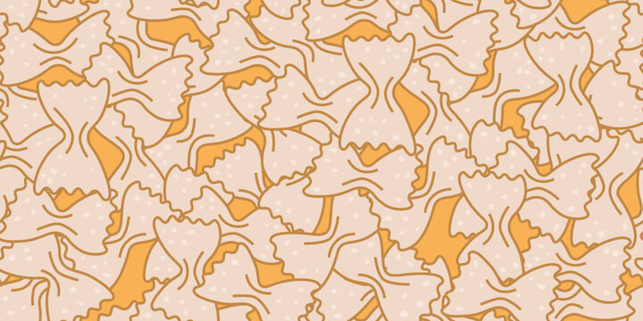 Seamless pattern with farfalle pasta scattered randomly on a background in a simple flat cartoon vector style