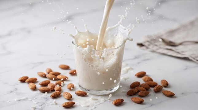 Fresh Almond Milk Splashing into Glass with Whole Almonds