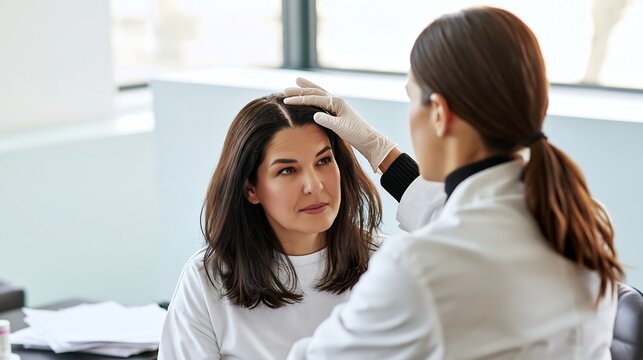 Specialist examining a woman's scalp and hair during consultation, hair loss after significant weight loss concept for nutritional assessment, thinning hair and scalp health care