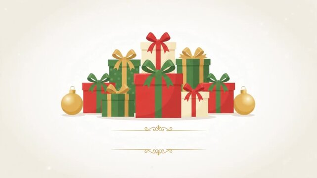 Merry Christmas greeting animation with stack of holiday gift boxes