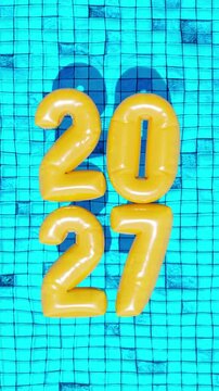 New Year 2027 celebration with yellow balloon numbers floating in a blue swimming pool, vibrant summer party background with reflections and festive atmosphere