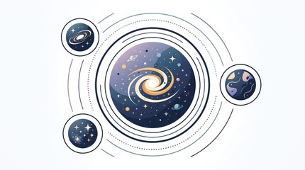 Fototapeta premium Spiral galaxy and outer space concept flat vector illustration with solar system icons on white background.