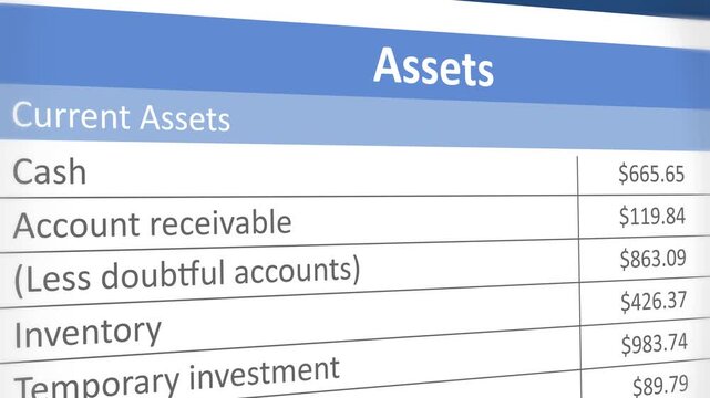 Financial analysis, balance sheet with current assets, cash, inventory, expenses and liabilities. Annual summary analysis of financial report with running numbers. 4k scrolling video animation