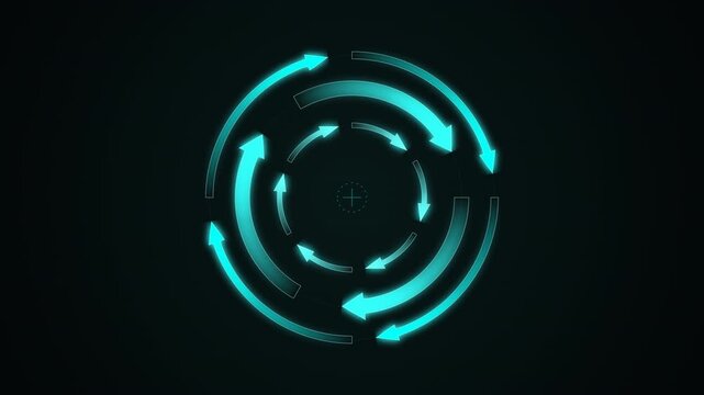 Multi-layered concentric HUD rings featuring glowing cyan neon circular arrows. This seamless loop animation on a dark background represents system sync, cybernetic processing, and complex data rotati