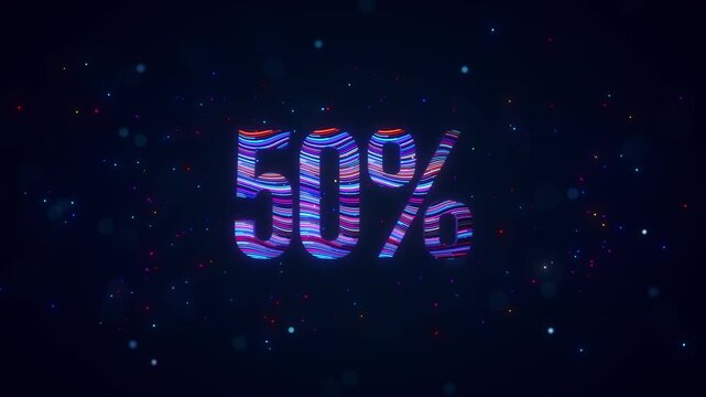 3D animation of futuristic 50 percent typography featuring rotating colorful blue and purple flowing lines, glowing particles, luminous bokeh, and vibrant digital energy against dark background.