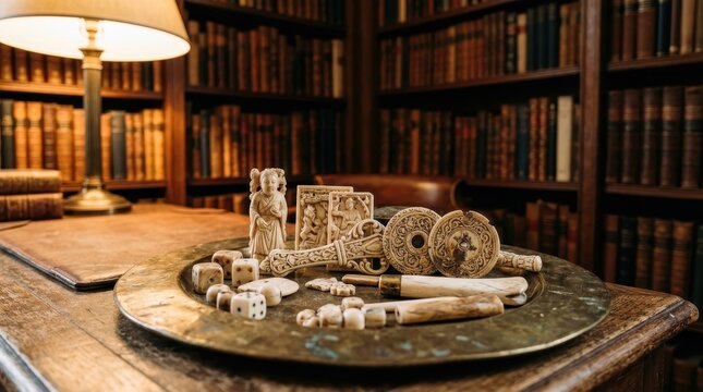 Antique collection of carved ivory and wooden objects displayed on a tray in a library setting