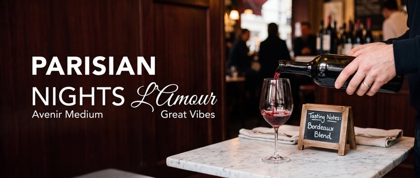 Waiter pouring red wine glass in French bistro restaurant on marble table with chalkboard tasting notes sign for romantic evening dining atmosphere in cozy Parisian cafe bar scene during night out