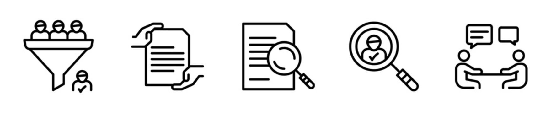 Set de 5 iconos de reclutamiento y selecci&oacute;n de personal. Embudo, curr&iacute;culum y entrevista. Contrataci&oacute;n de talento. Vector outline