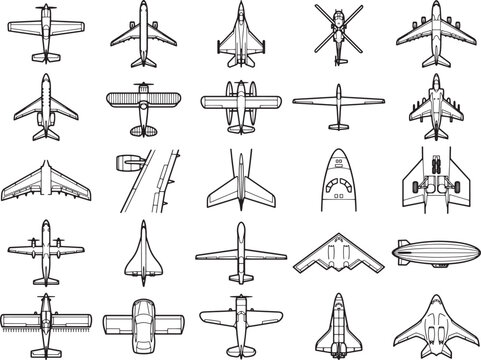 Collection of aircraft, including fighter jet, bomber, helicopter, and airplane, drawn in a minimalistic style, arranged in a grid formation.