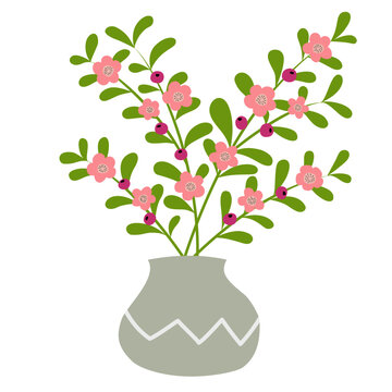 Minimalist hand drawn pink floral arrangement in a ceramic vase, modern botanical illustration
